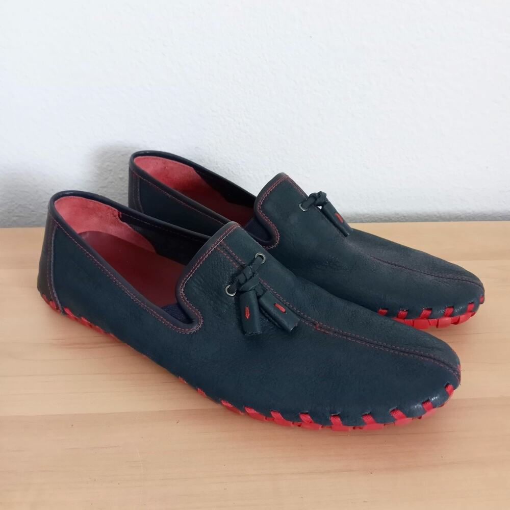 ANDREW Leather Loafers Suction Slip Resistant Sole SZ 10 * 43 Blue Red Slip Ons
